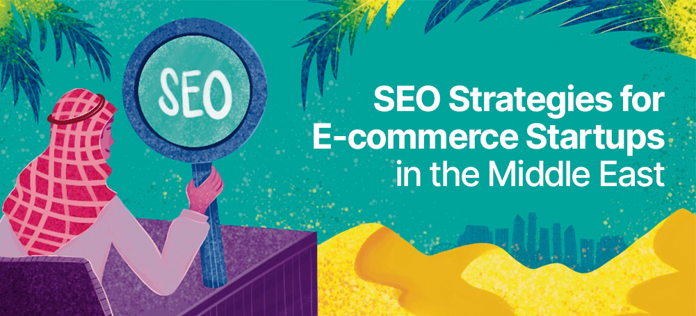 Person holding magnifying glass over the word SEO overlooking a Middle Eastern city, illustrating local SEO in the UAE