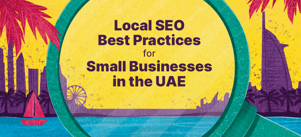 Large magnifying glass over Dubai Marina, representing local SEO for small businesses in the UAE